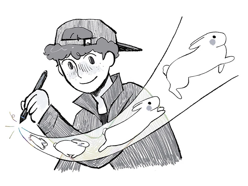 Cartoon of a person drawing animated rabbits with a pen.