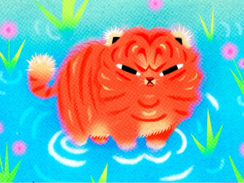 Cartoon red tiger standing in blue water with pink flowers and green leaves.