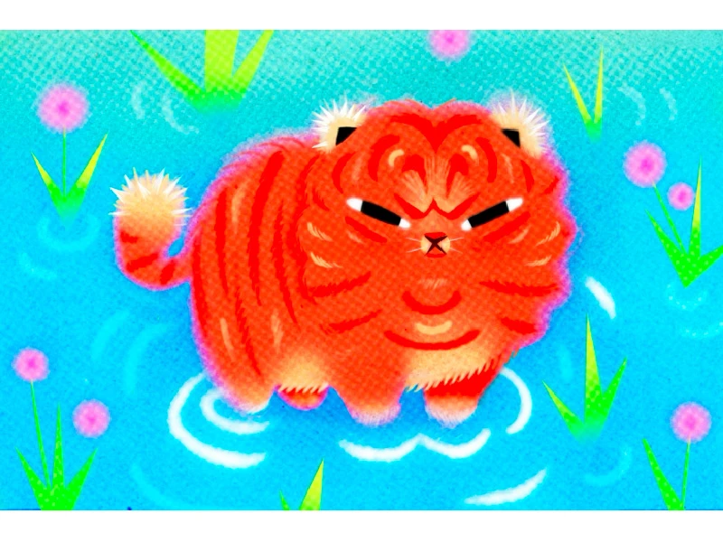 Cartoon red tiger standing in blue water with pink flowers and green leaves.