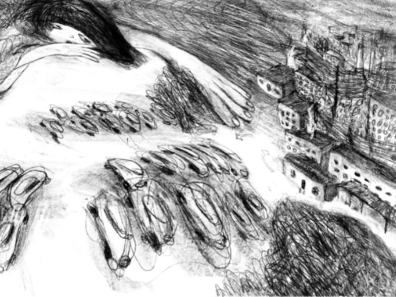 A surreal sketch of a reclining woman integrated with roads and an urban landscape.