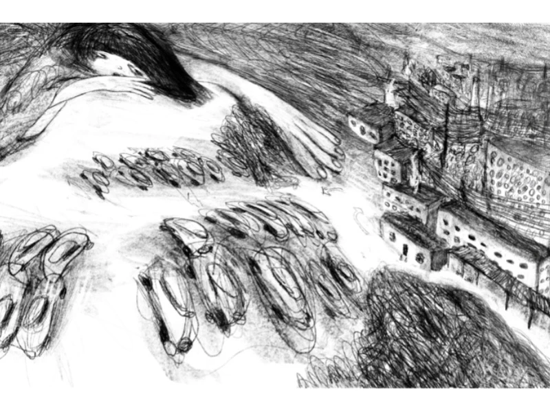 A surreal sketch of a reclining woman integrated with roads and an urban landscape.