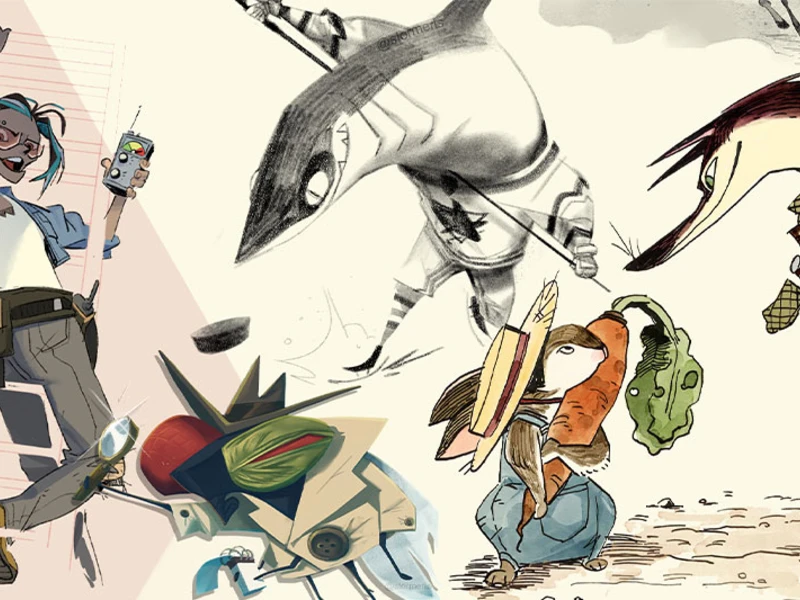 A collage of various stylized characters, including a blue-haired individual, a geometric robot, a shark-like creature, and animal figures with clothing.