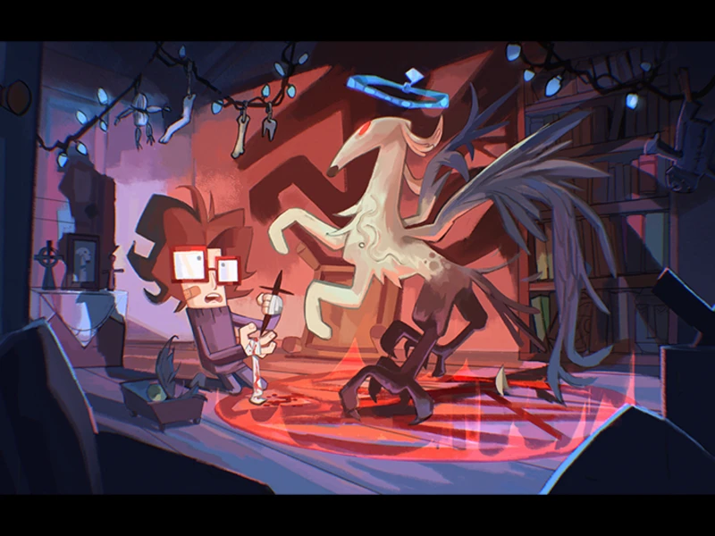 A person with glasses uses a wand near a mythical creature in a room with a glowing red symbol on the floor.