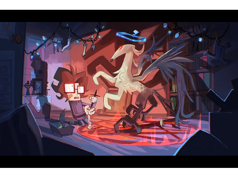 A person with glasses uses a wand near a mythical creature in a room with a glowing red symbol on the floor.