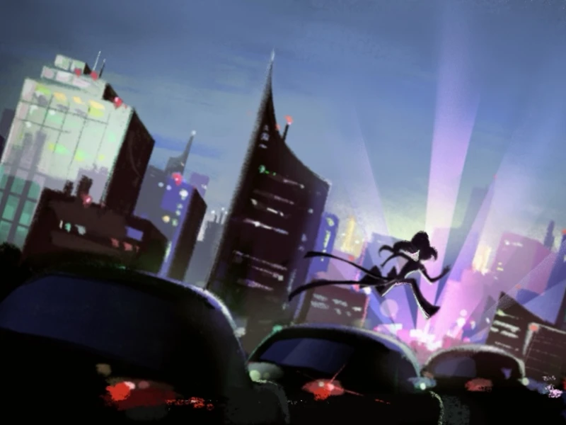 Silhouette of a person running over cars in a vibrant cityscape at night.