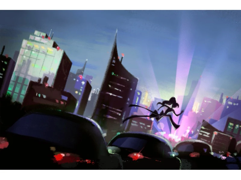 Silhouette of a person running over cars in a vibrant cityscape at night.