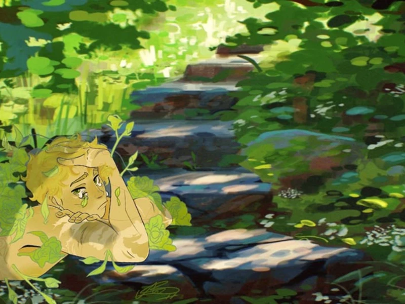 Illustrated garden scene with a figure in foliage near stone steps.