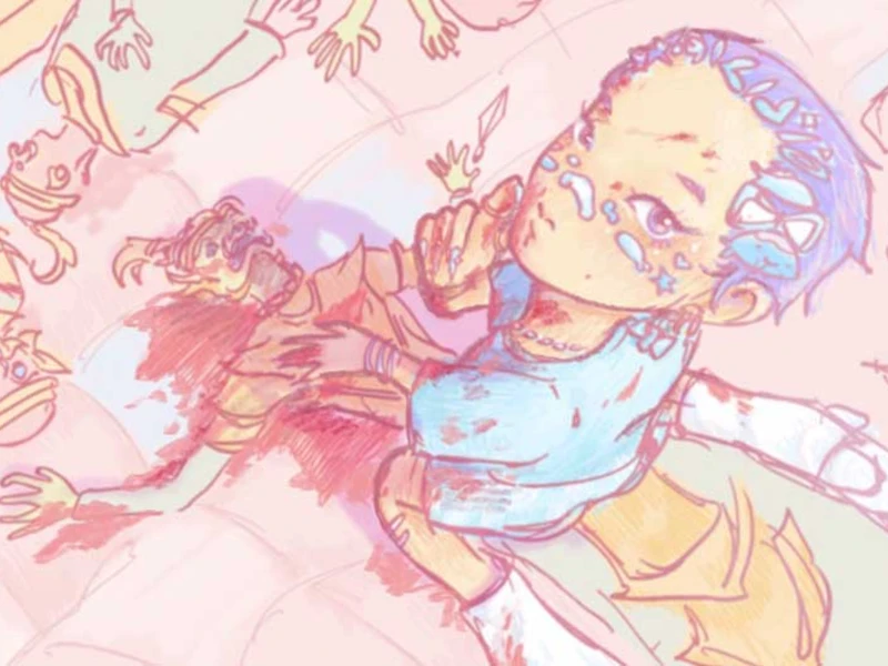 An illustration of a child with blue hair holding a dagger amidst abstract, pillow-like forms and several figures in dynamic poses.