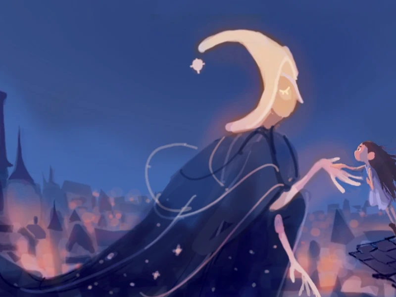 A moon-shaped figure and a small girl reach towards each other in a city at twilight.