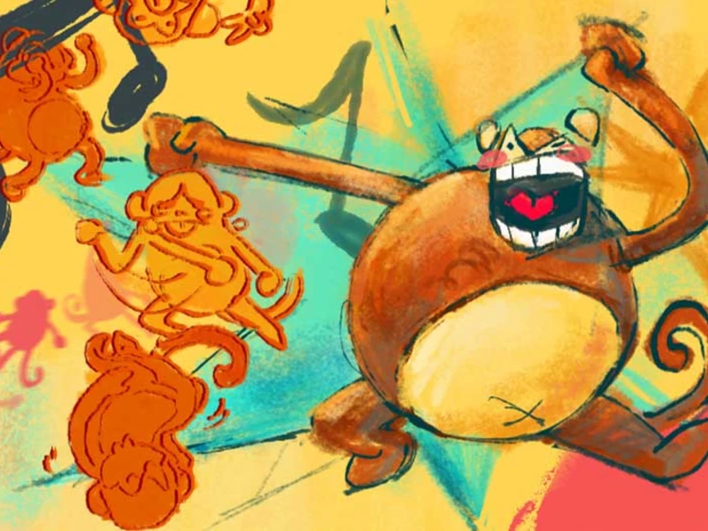 A cartoon-like monkey with a big grin, surrounded by orange monkey silhouettes on a yellow and blue abstract background.