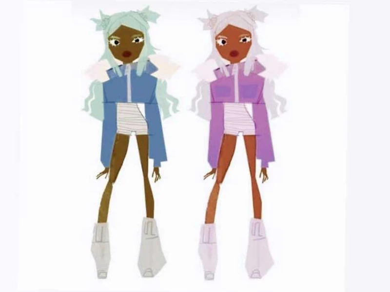 Two stylized figures with colorful hair and futuristic outfits.
