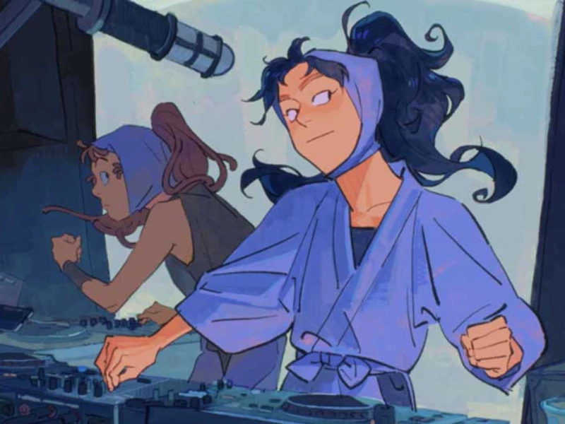 Two animated characters DJing, with one in a blue robe and headscarf in the foreground.