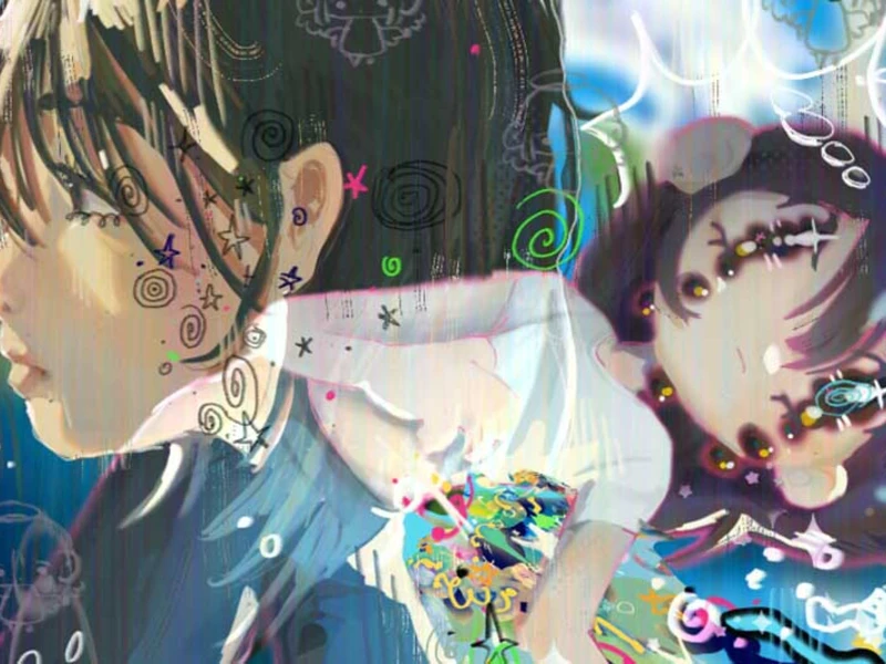 Abstract digital artwork featuring two stylized figures with colorful patterns and doodles.