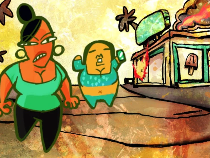 Cartoon characters in front of a burning building with palm trees.