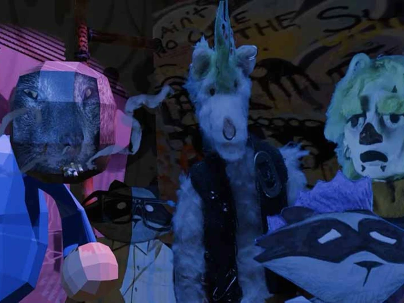 A group of abstract, anthropomorphic figures in a dark, graffiti-filled setting.