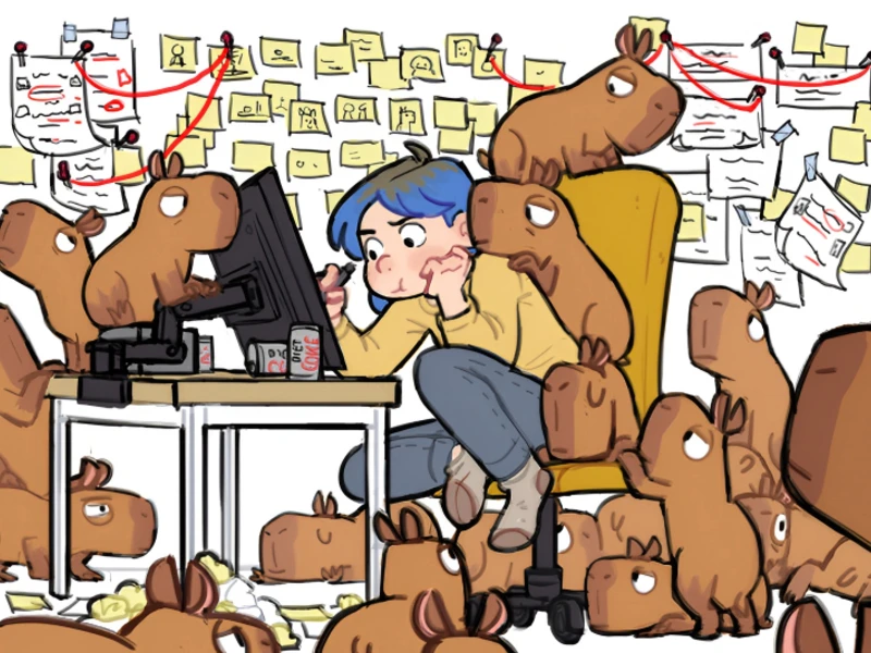 A person surrounded by cartoon capybaras, working at a cluttered desk with a screen, in a room with papers and notes on the wall.