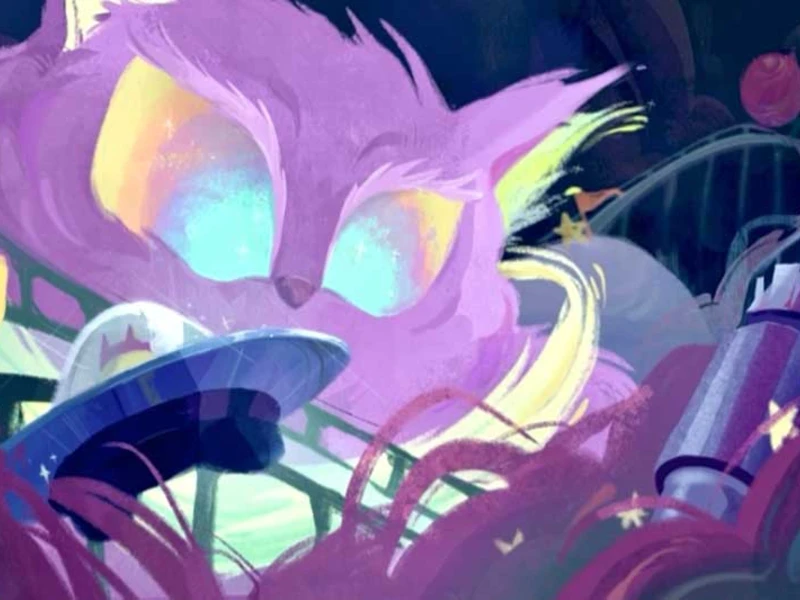 A surreal scene with a large, lavender cat-like creature with glowing, multicolored eyes, surrounded by abstract, colorful elements and a striped spaceship.