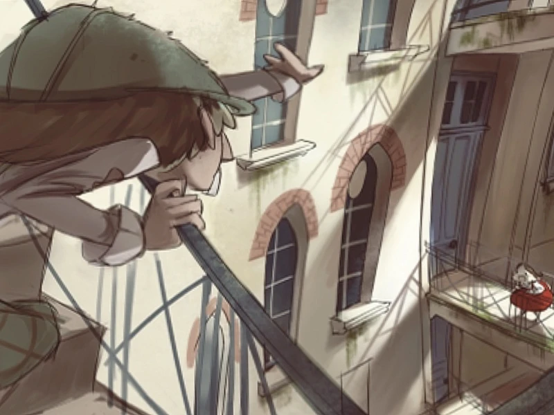 A person on a balcony leans towards another person across a courtyard in a stylized building scene.