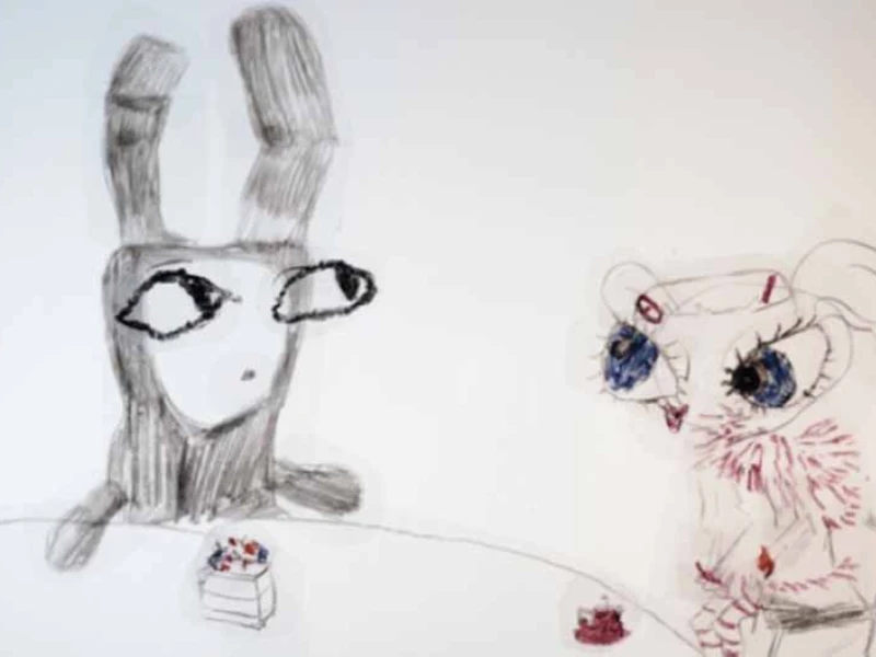 Two abstract, cartoonish characters at a table with a small dessert.