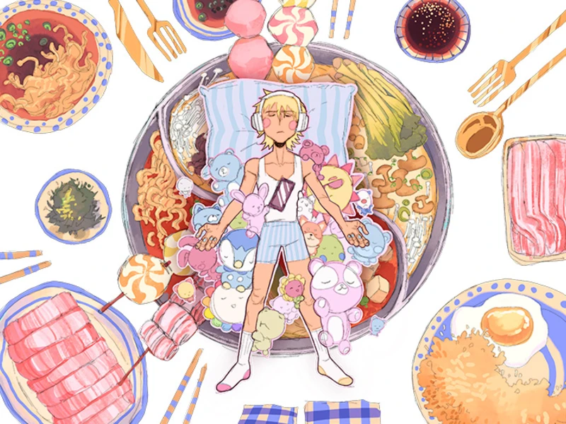 Person lying on a bed surrounded by plush toys and food-themed illustrations.