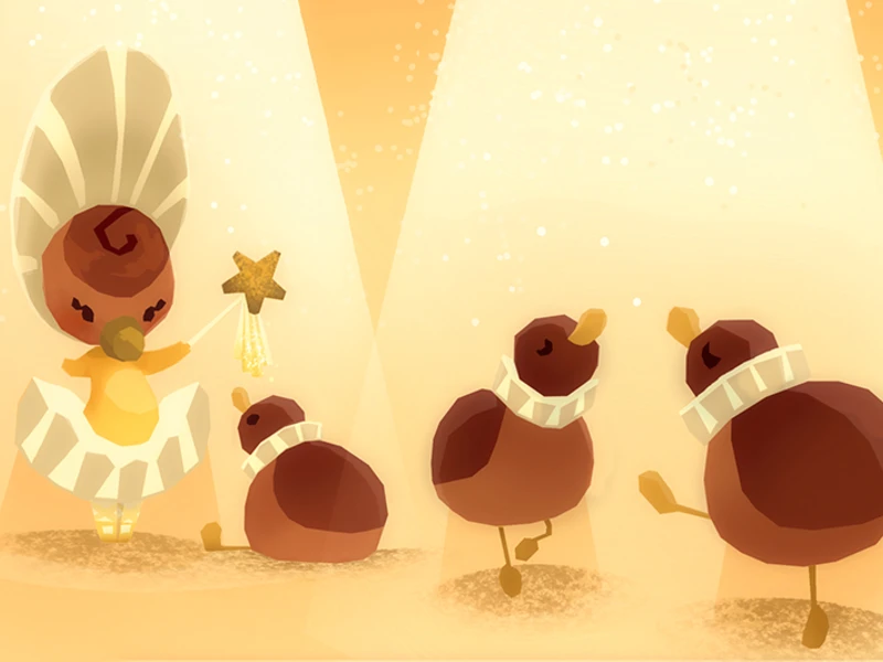 Abstract scene with a character holding a wand and spherical creatures under spotlights.