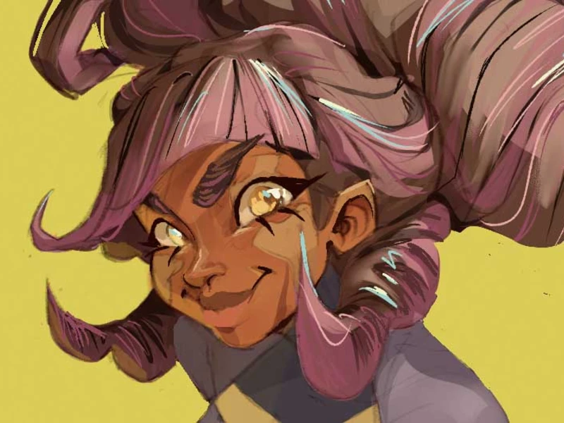 Animated character with voluminous pink and blue hair against a yellow background.