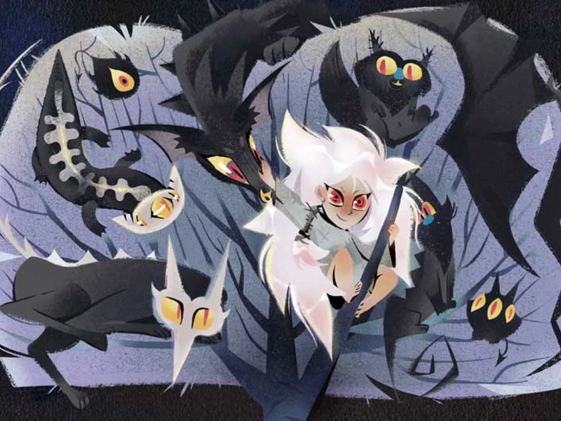 A white-haired character with red eyes surrounded by dark, shadowy creatures with yellow and red eyes in a dark, abstract setting.