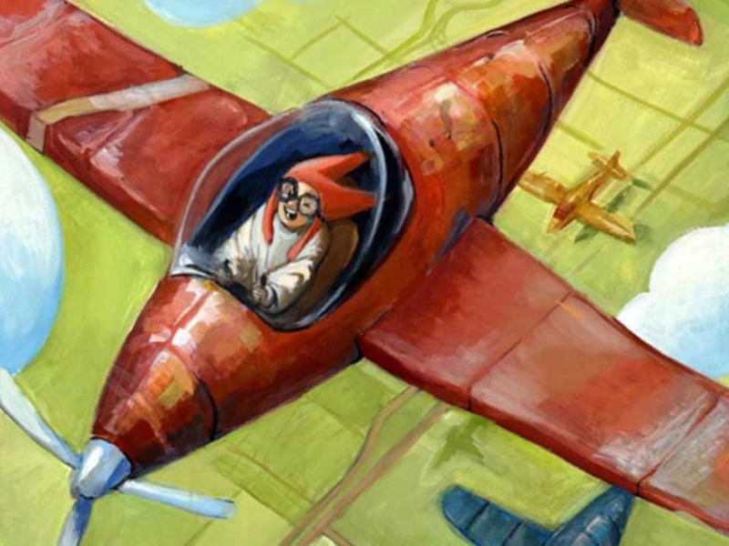 A red airplane with a pilot flies amidst clouds with smaller yellow and blue planes in the background.