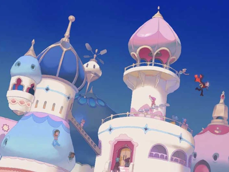 Whimsical towers with pastel domes and decorative features under a blue sky.