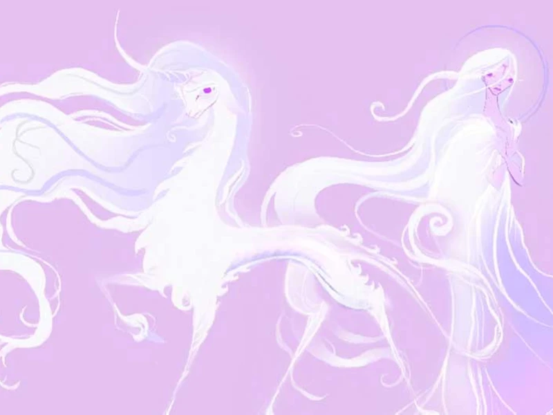 Fantastical scene with a unicorn-like creature and an ethereal humanoid figure on a lavender background.