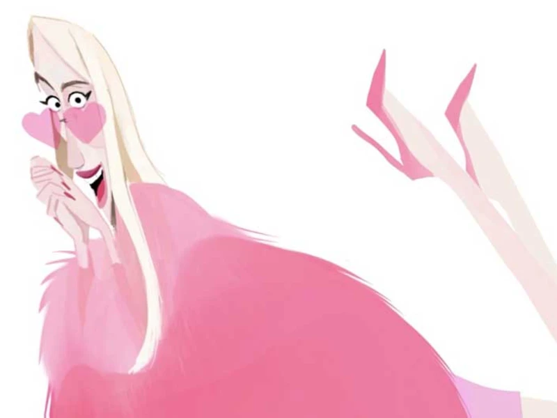 Stylized illustration of a person with blond hair and pink heart-shaped sunglasses, wearing pink attire and high heels.