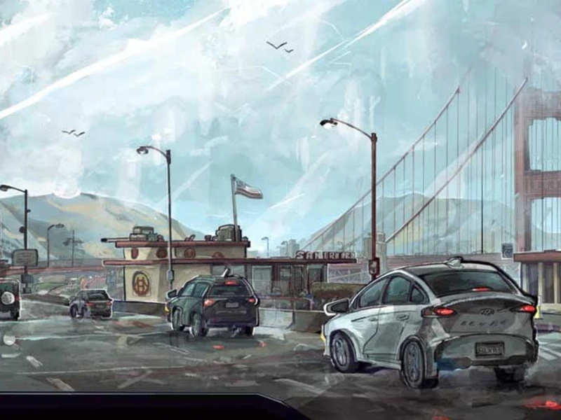 Busy highway scene with cars approaching a large suspension bridge on a cloudy day.