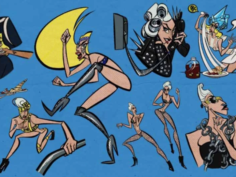 Stylized cartoon figures in exaggerated poses on a blue background.