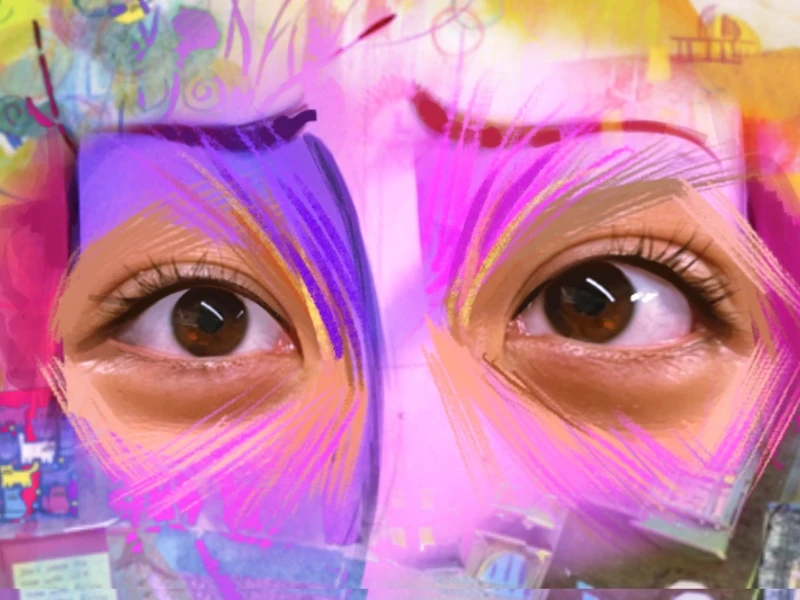 Close-up of two brown eyes within a colorful, abstract collage of swirling colors and mixed media elements.