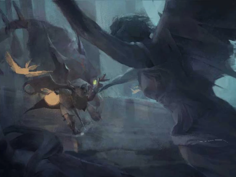 A mystical creature with glowing eyes approaches a large, winged shadowy figure.