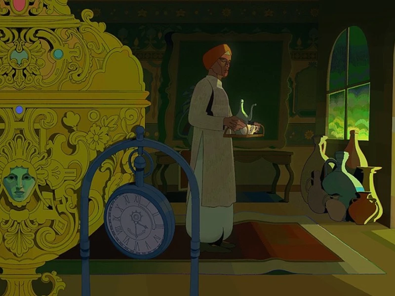 A richly decorated room with an ornate yellow structure, an antique clock, and a figure holding a tray with a teapot, near a window.