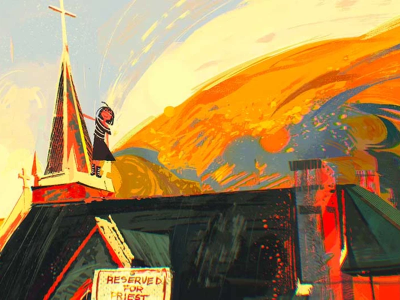 Illustration of a church with a person on the roof against an abstract, colorful sky.