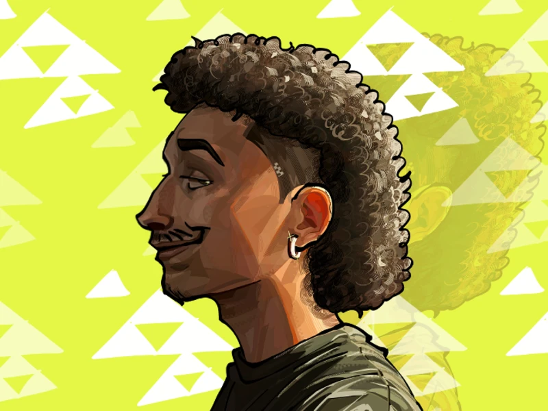 Profile illustration of a person with curly hair against a lime green, triangular-patterned background.