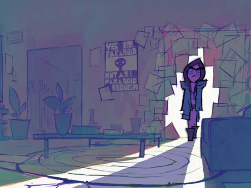 Cartoon living room with a bright doorway, a cloaked character, and various wall posters.