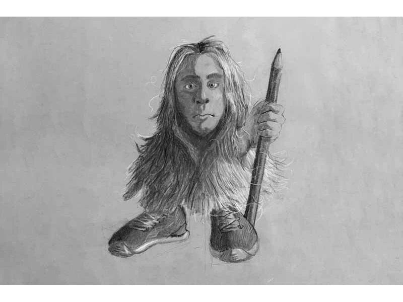 A pencil drawing of a small figure with a human face, wearing a shaggy fur coat, holding a large pencil, and standing in sneakers.
