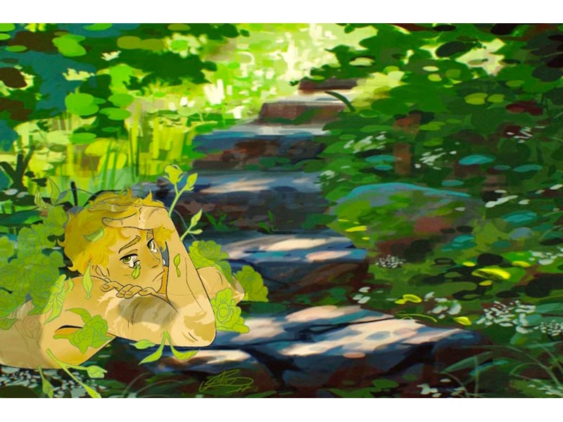 Illustrated garden scene with a figure in foliage near stone steps.