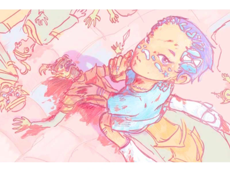 An illustration of a child with blue hair holding a dagger amidst abstract, pillow-like forms and several figures in dynamic poses.