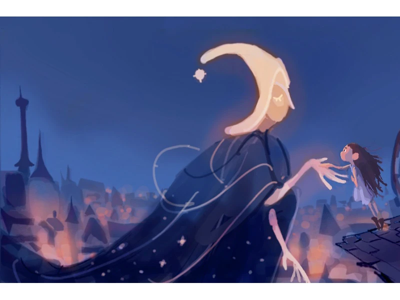 A moon-shaped figure and a small girl reach towards each other in a city at twilight.