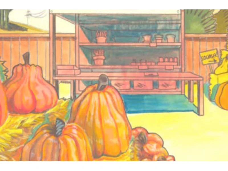Pumpkins on straw in front of a farm stand with shelves and squash sign.