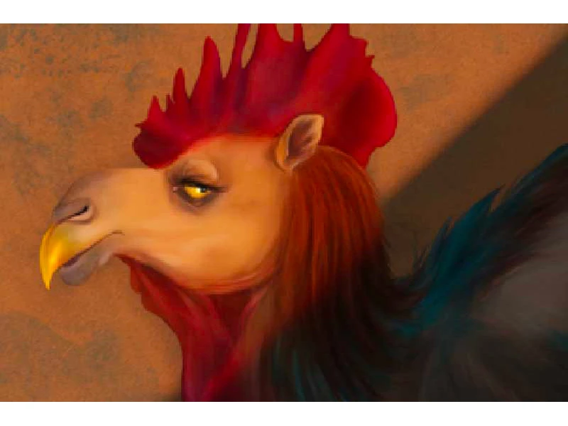 A camel and rooster hybrid creature with a camel's face and a rooster's red comb, featuring a yellow beak.