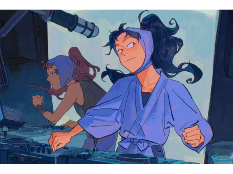 Two animated characters DJing, with one in a blue robe and headscarf in the foreground.