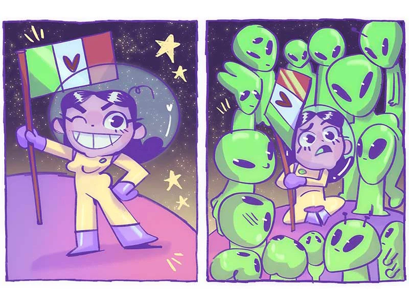 Two-panel comic of an astronaut on a planet with a Mexican-style flag, later surrounded by green aliens.