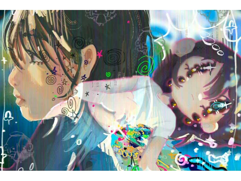 Abstract digital artwork featuring two stylized figures with colorful patterns and doodles.