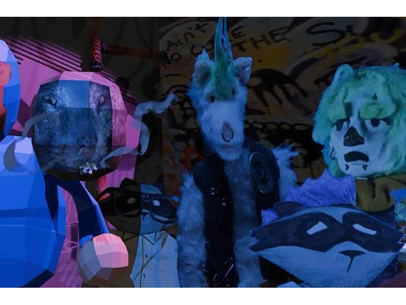 A group of abstract, anthropomorphic figures in a dark, graffiti-filled setting.