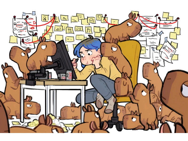 A person surrounded by cartoon capybaras, working at a cluttered desk with a screen, in a room with papers and notes on the wall.